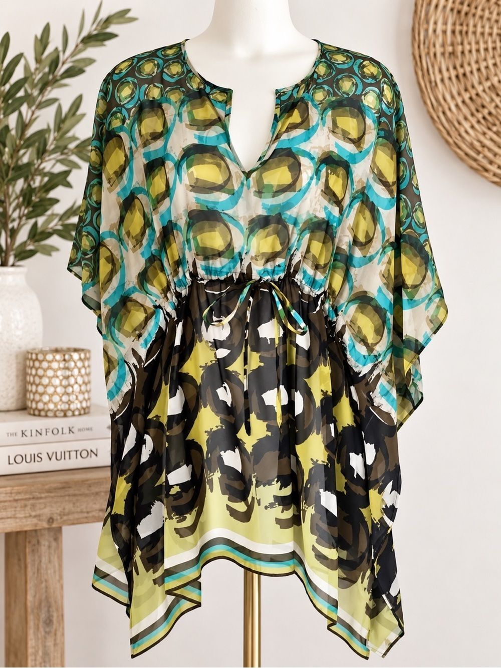 Lafayette 148 Silk Abstract Print Tunic Cover Up Boho Luxe Designer Resort S